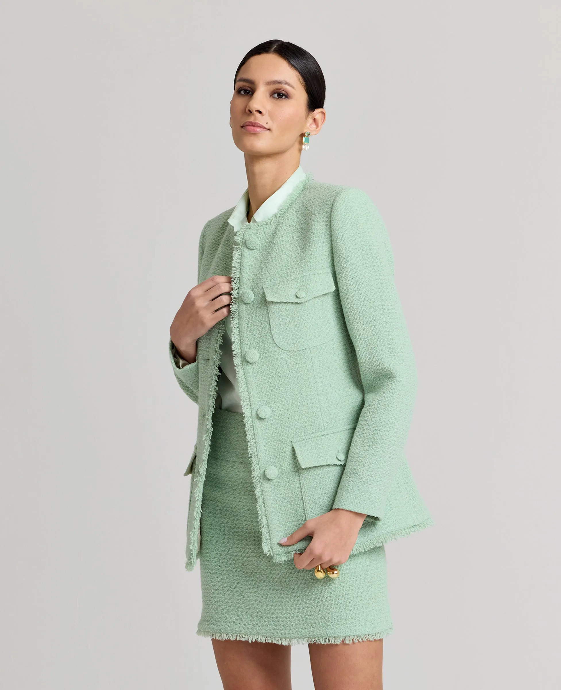 Gabrielle Wool Boucle Jacket Longline In Green Flatlock stitching Thermal Lining