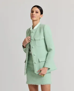 Gabrielle Wool Boucle Jacket Longline In Green Flatlock stitching Thermal Lining