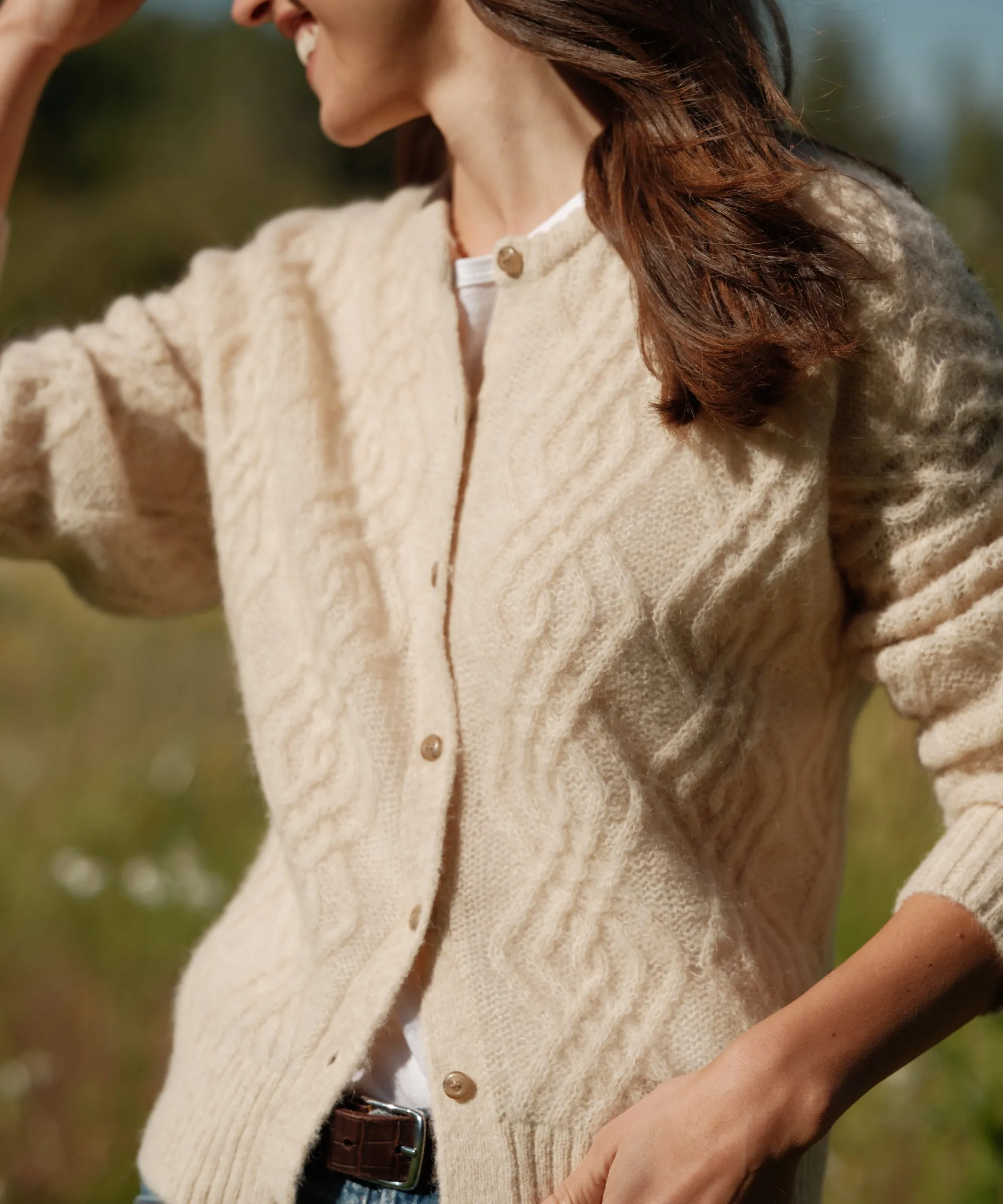 Layered Stitch Detail Cable Crewneck Cardigan