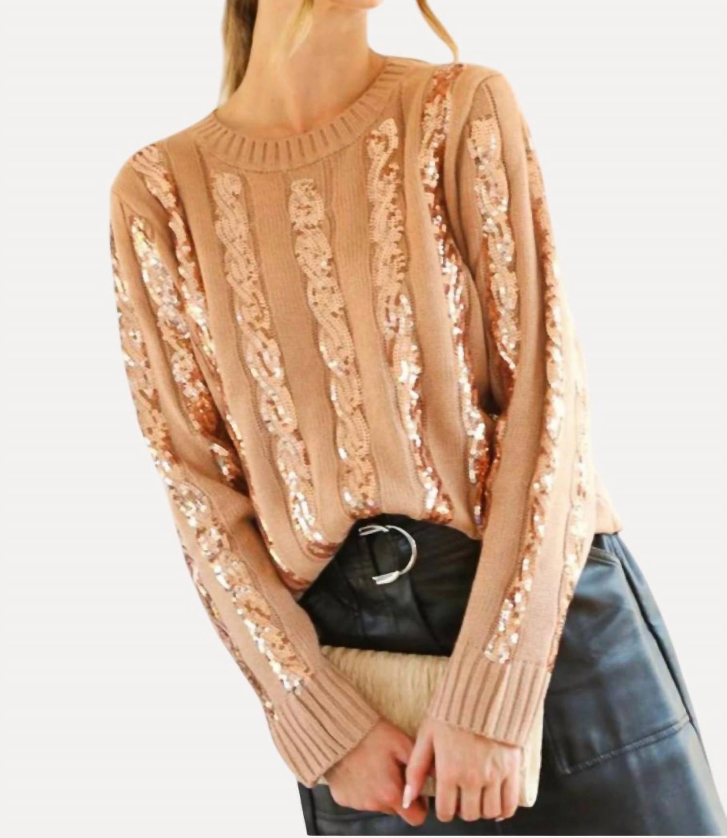 Cozy pieces Sequin Sweater In Tan/gold