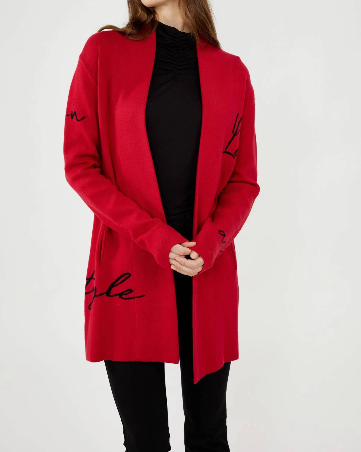 Knit Throw Over Cardigan In Red/black Warm Knitwear