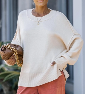 Knit Comfort Wear Layered Style Every Day Crew Neck Sweater In Cream