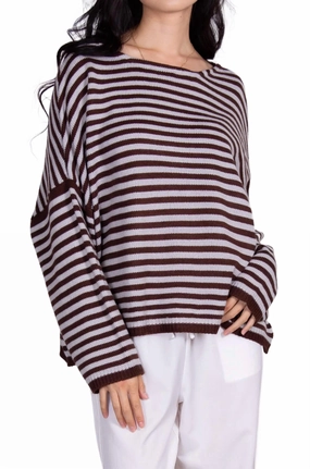 Dropped-Shoulder Striped Knit Sweater In Powder Blue/brown Odor Resistant Finish