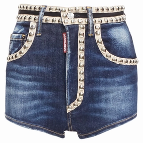 Dsquared2 silver dome studs washed denim trim hot shorts Low Bulk Waistband Multi Pocket Design