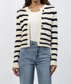 Chilly Days Wear Breathable Knit Wear Cambria Stripe Cardigan In Black Iris