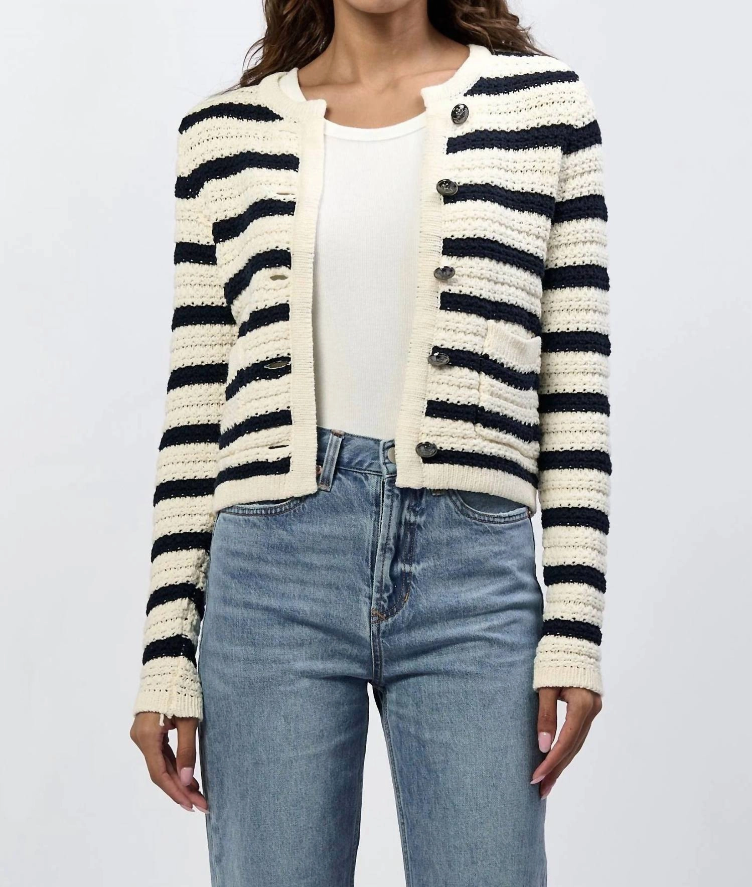 Chilly Days Wear Breathable Knit Wear Cambria Stripe Cardigan In Black Iris