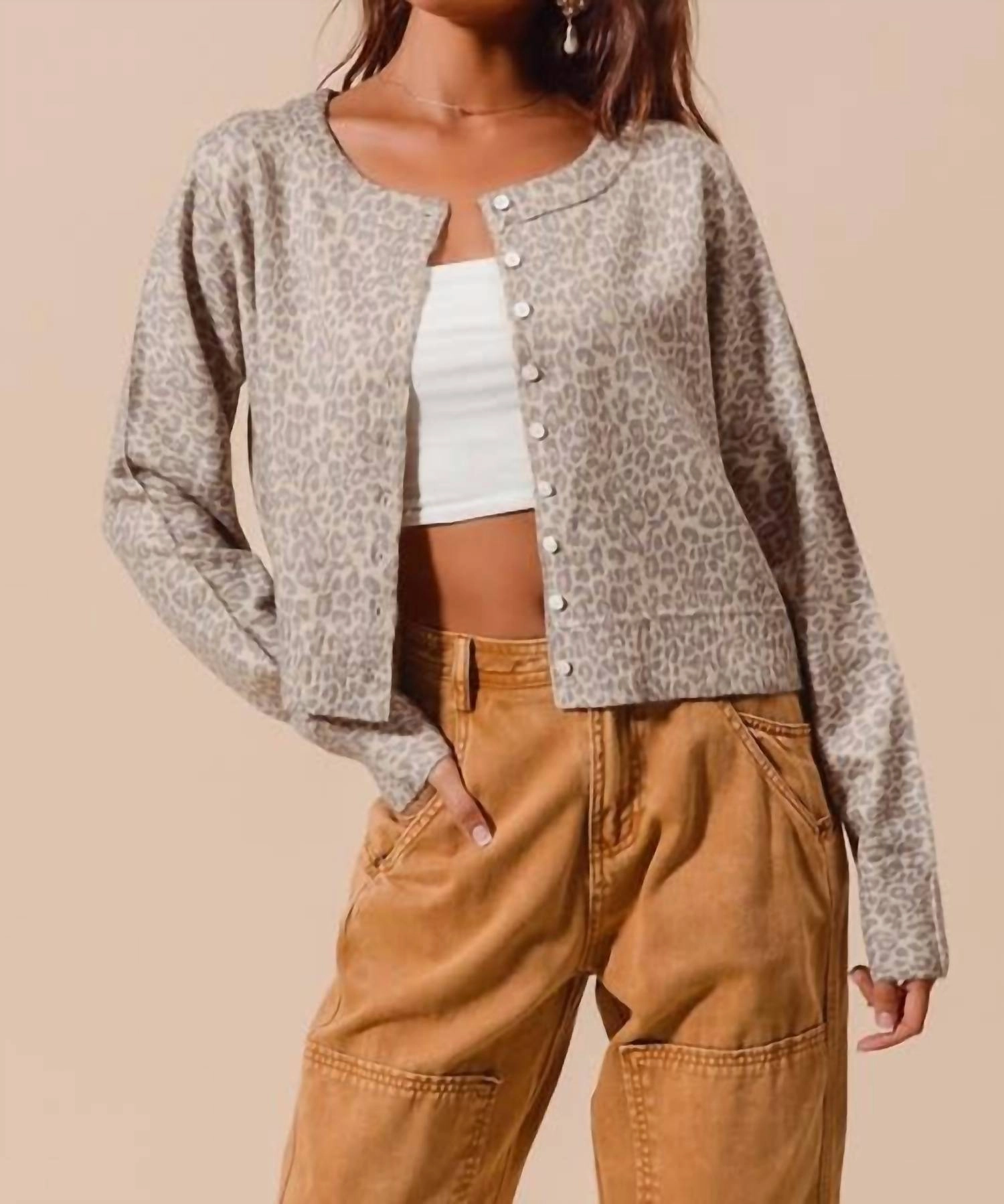 Stylish Comfort Leopard Print Button Up Cardigan In Vintage Oatmeal