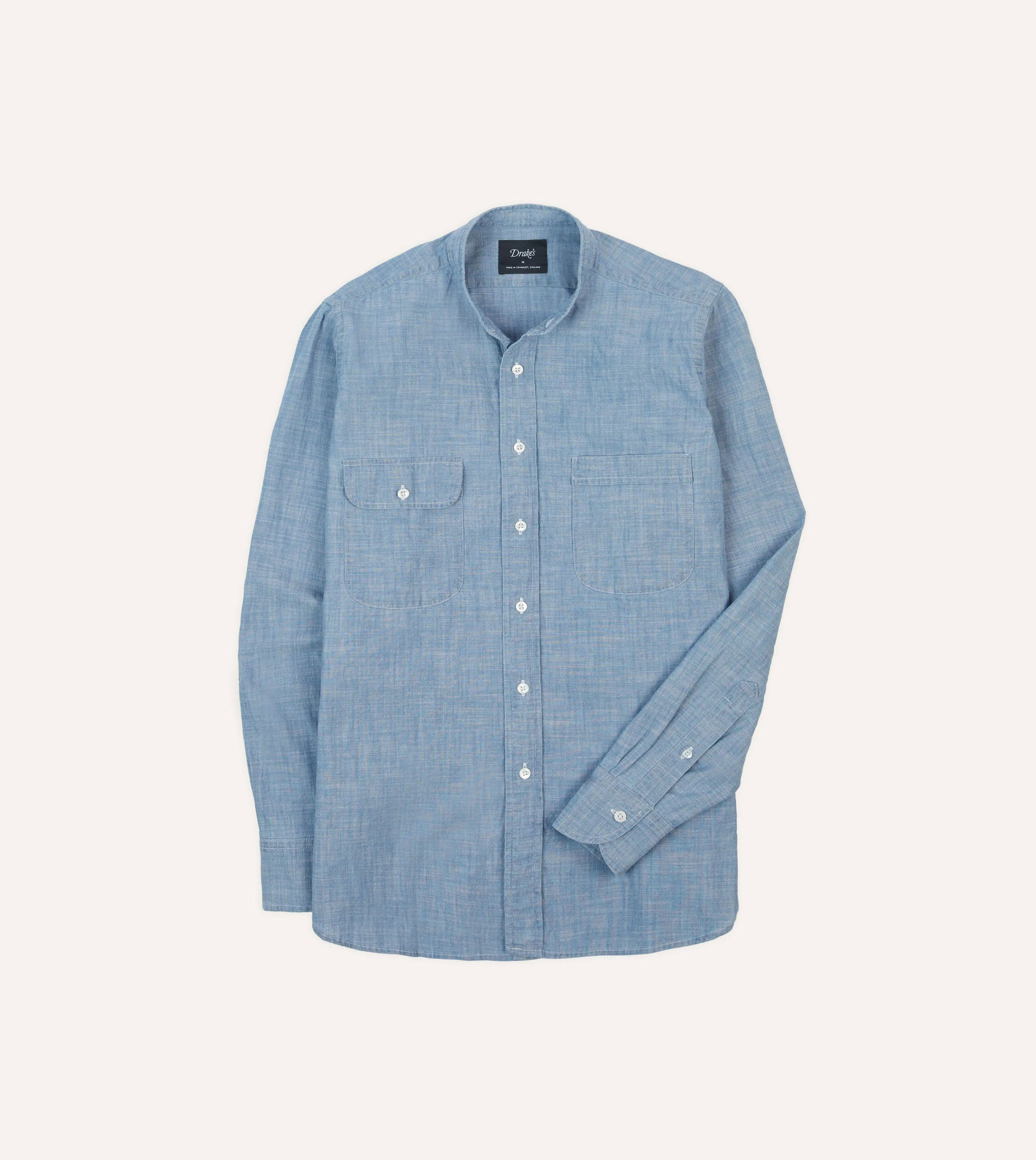 Chambray Cotton Mandarin Collar Shirt Reinforced Collar