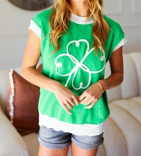Breathable mesh lining Lucky Embroidered Clover Short Sleeve Dolman Sweater In Kelly Green