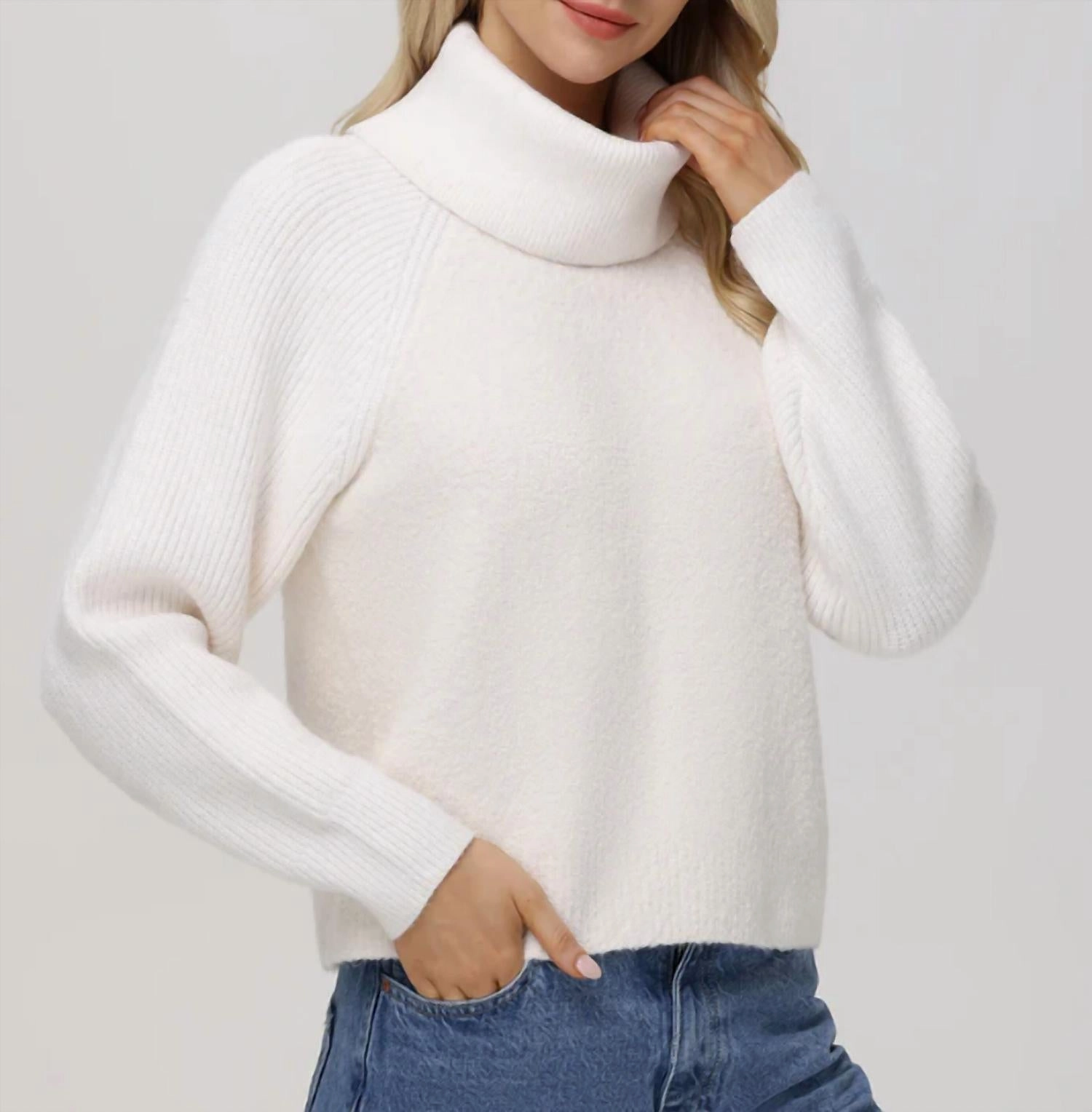 Mckenzie Mixed Media Removeable Collar Sweater In Sea Salt Knitted Warmth Comfortable Style