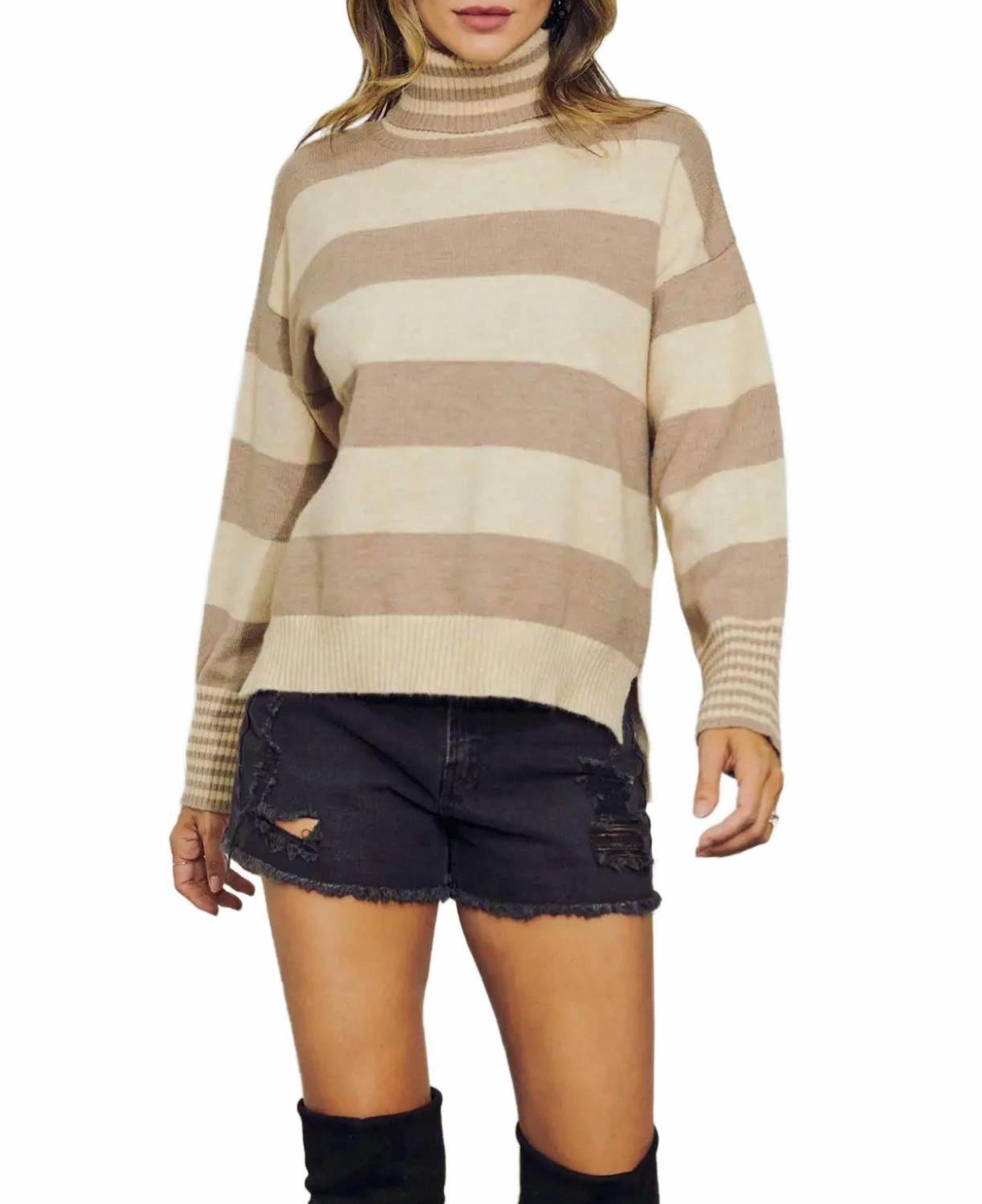 Cotton-Blend Multi-Stripe Turtleneck Sweater In Taupe Layered Style Wear Moisture Wicking Fibers