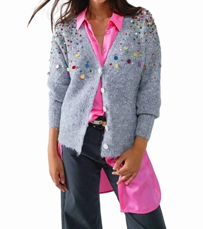 Ultimate Comfort Embroidered Sequins V-Neck Cardigan In Gray
