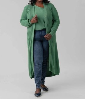 Cotton / Cashmere Belted Ribbed Long Cardigan - Plus Size In Golf Green Soft And Comfortable Cozy Knit Piece