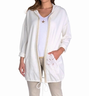 Chilly Knit Turtleneck Lace-Back Hooded Cardigan In White