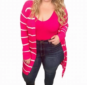 All-Day Knitwear High Neckline Striped Lightweight Cardigan In Hot Pink And White