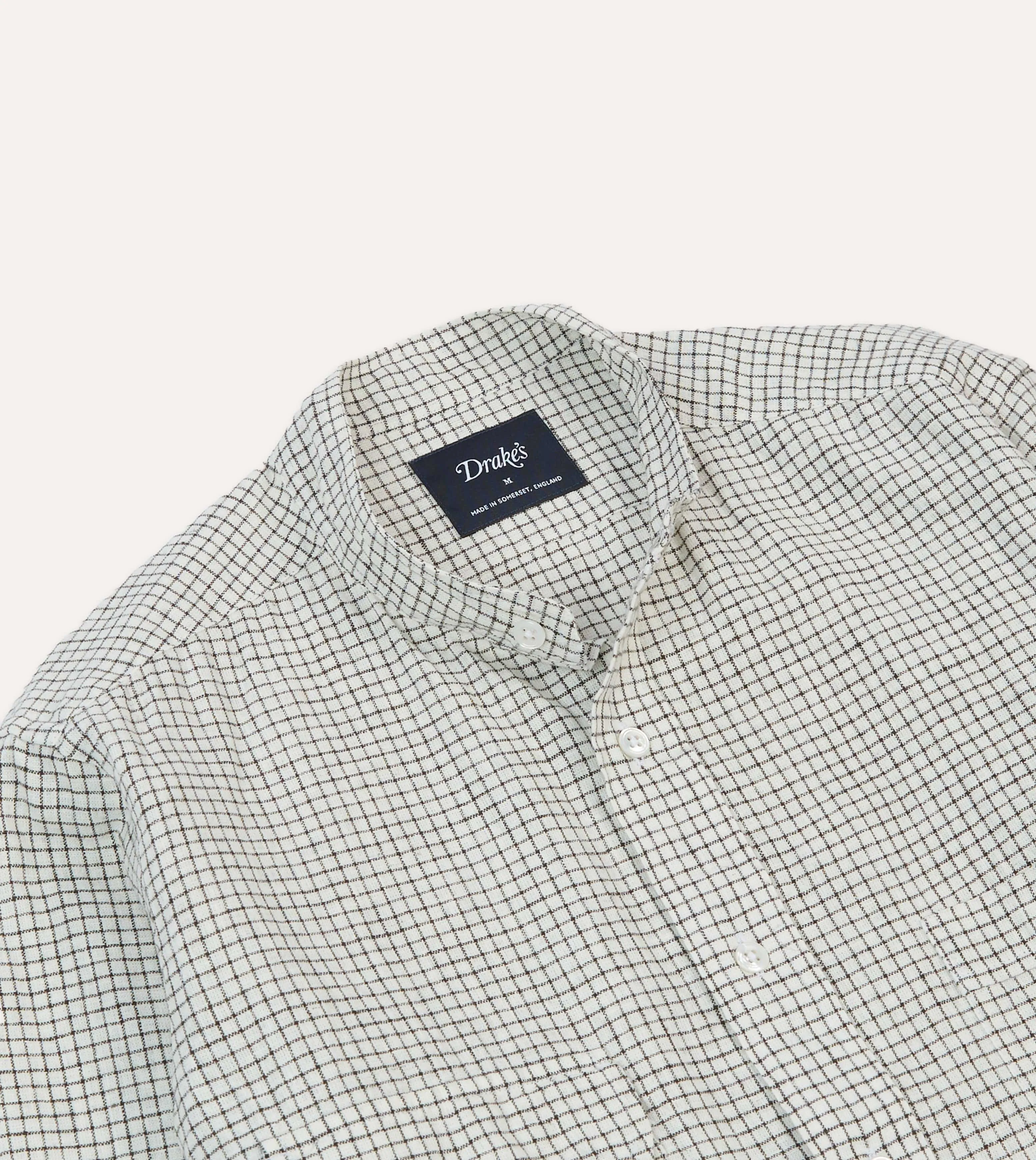 Ecru Check Linen-Cotton Mandarin Collar Shirt Ribbed Trim Advanced Moisture Management