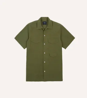 Olive Cotton-Linen Camp Collar Three Pocket Short Sleeve Shirt Everyday Wear Pure Cotton