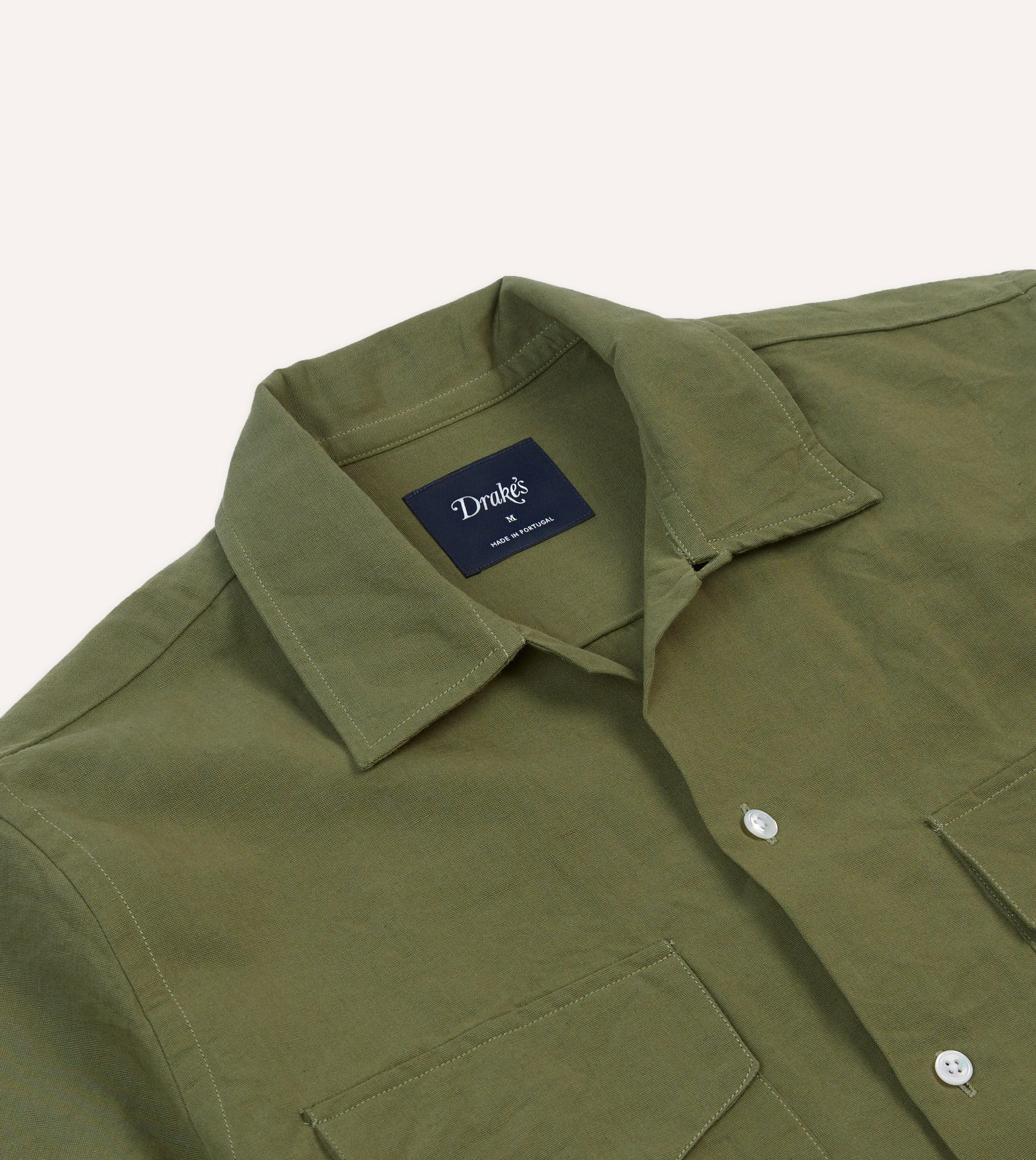 Olive Cotton-Linen Camp Collar Three Pocket Short Sleeve Shirt Thermoregulating Layer