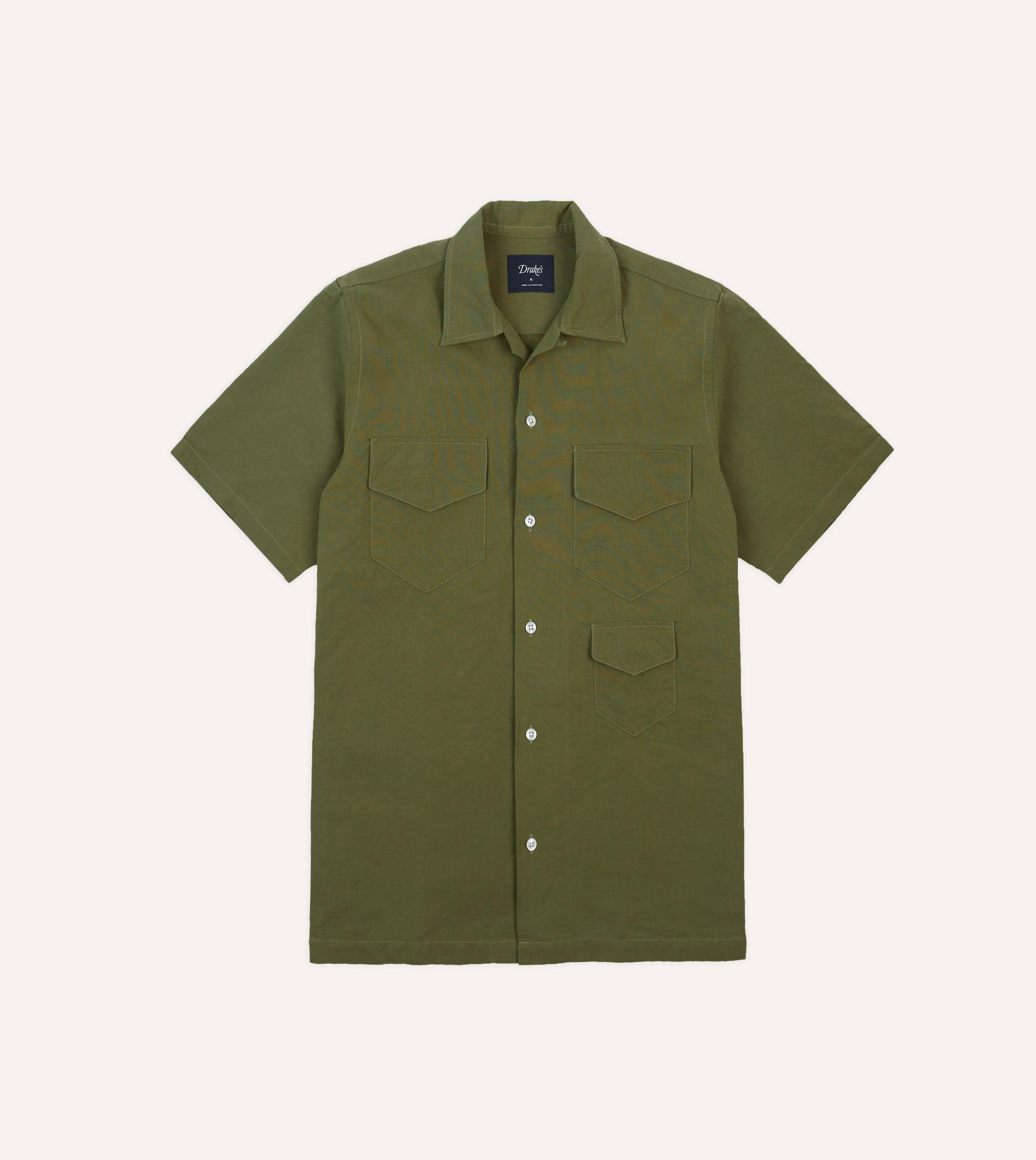 Olive Cotton-Linen Camp Collar Three Pocket Short Sleeve Shirt Everyday Wear Pure Cotton