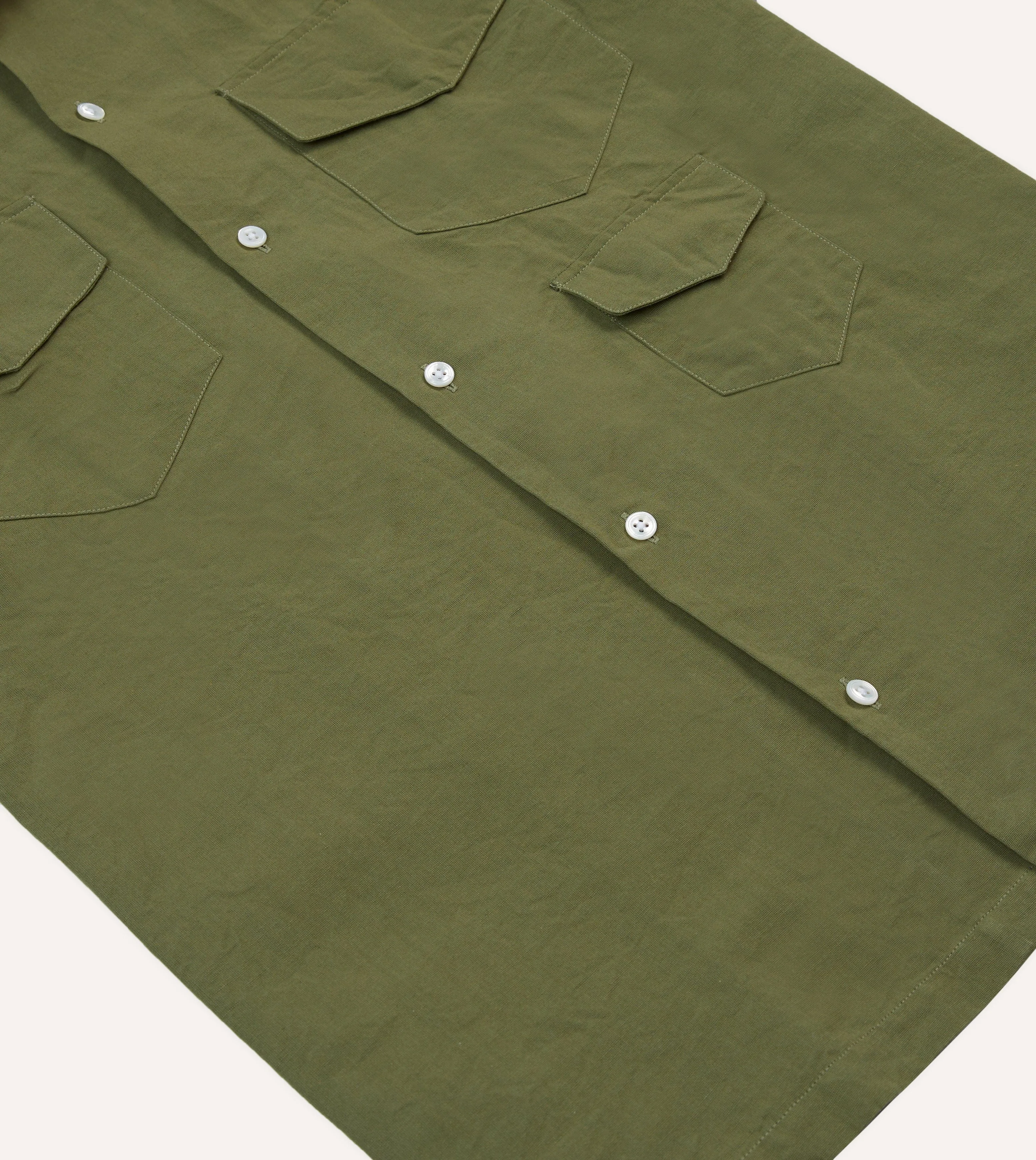 Reinforced Elbow Patches Olive Cotton-Linen Camp Collar Three Pocket Short Sleeve Shirt