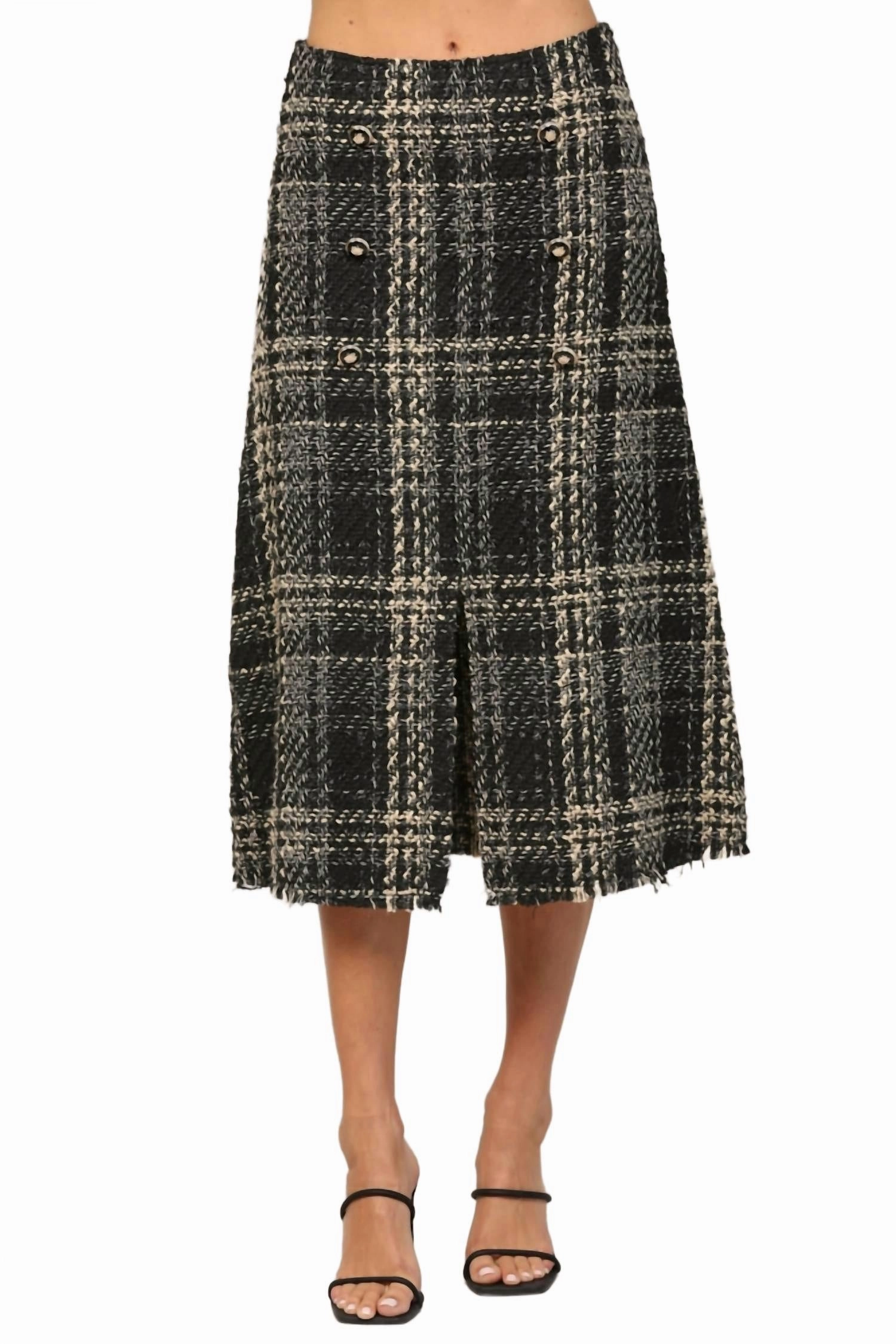 Tweed Button Front Midi Skirt In Black Polished Look Comfortable Feel