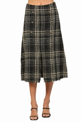 Daily Essential Tweed Button Front Midi Skirt In Black