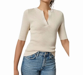 Cozy Texture elegant design Elbow Sleeve Split Neck Sweater In Husk