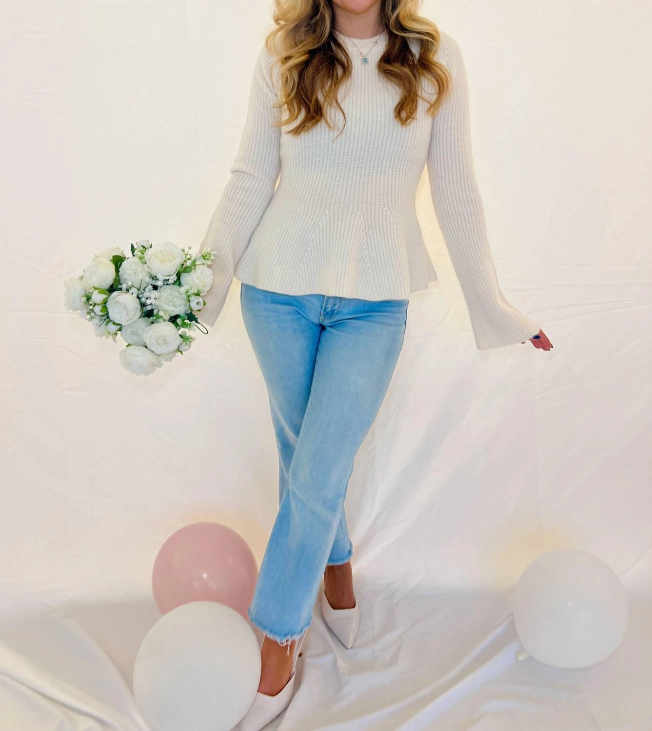 Eliana Flared Sleeve Sweater In Cream Chilly Season Wear Comfy Knit Layer