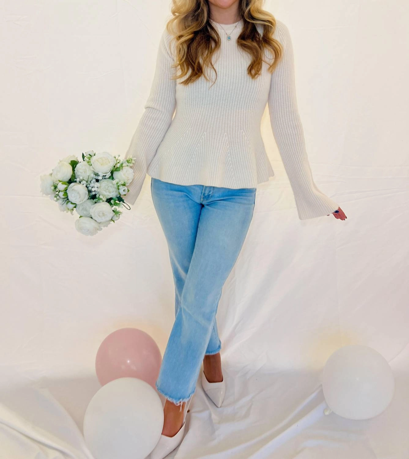 Functional Knit Eliana Flared Sleeve Sweater In Cream