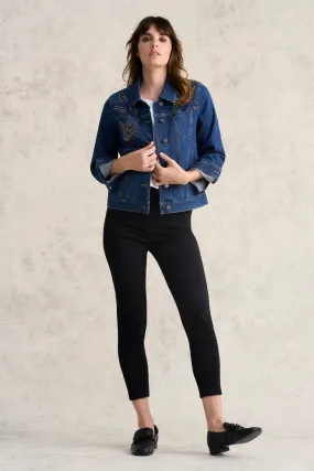 Embellished Denim Jacket - Mid Wash Denim Thermoplastic Elastomer Trim Convertible Collar