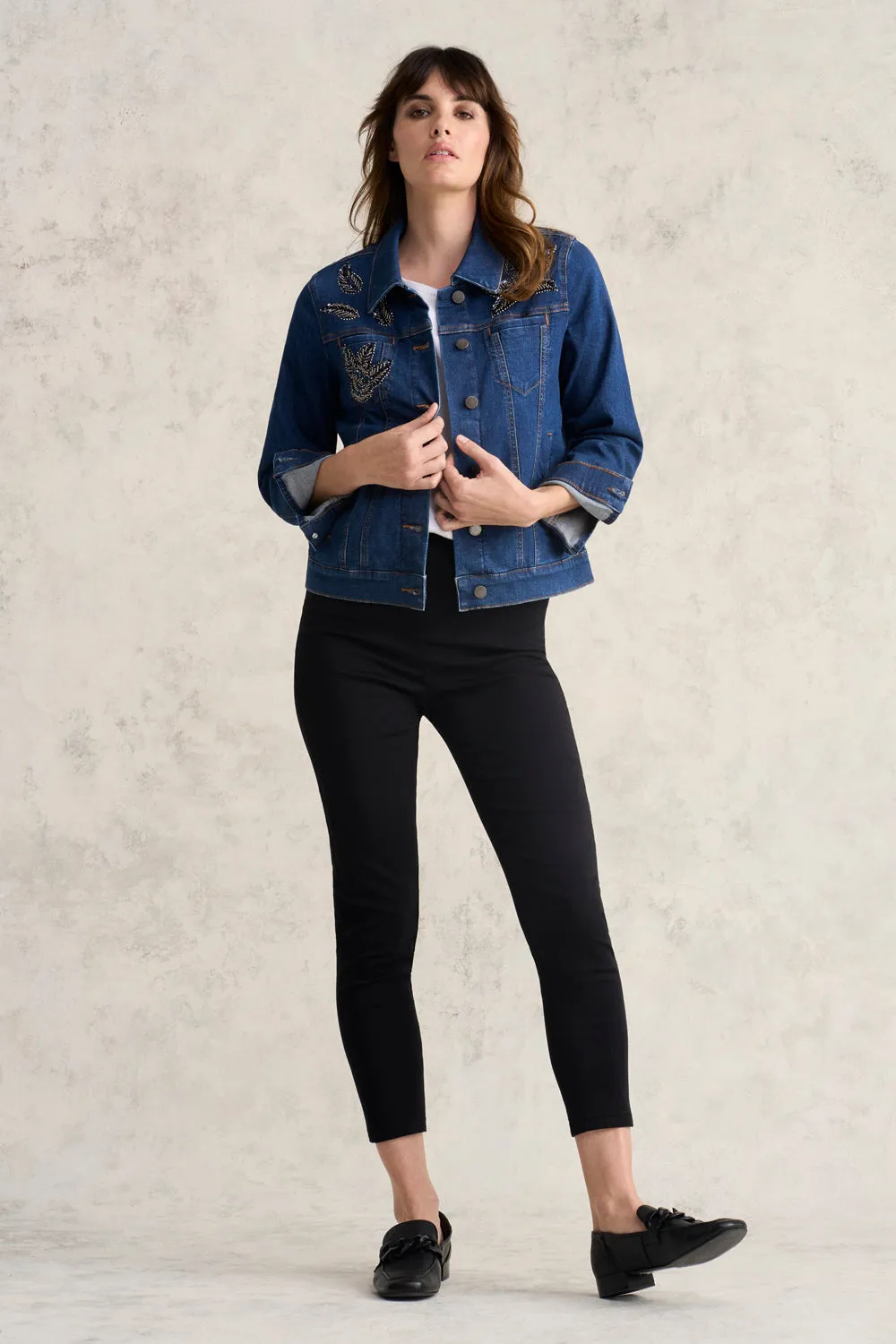 Embellished Denim Jacket - Mid Wash Denim Thermoplastic Elastomer Trim Convertible Collar