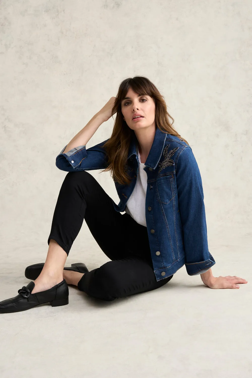 Flexible Cuffs Durable Coating Embellished Denim Jacket - Mid Wash Denim