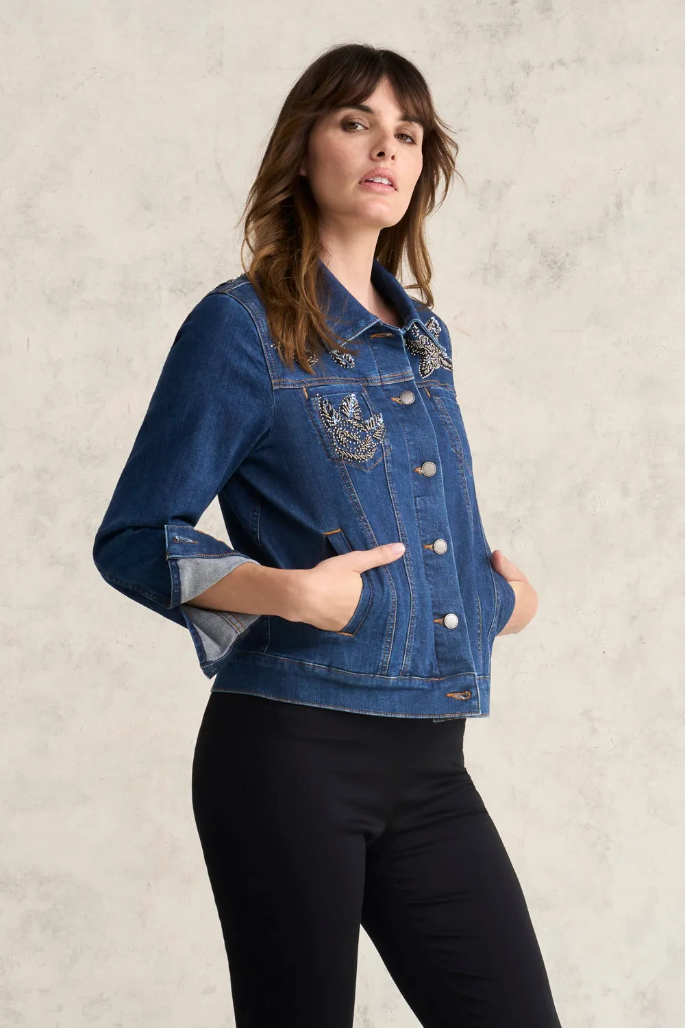 Two Tone Design Checkered Style Embellished Denim Jacket - Mid Wash Denim