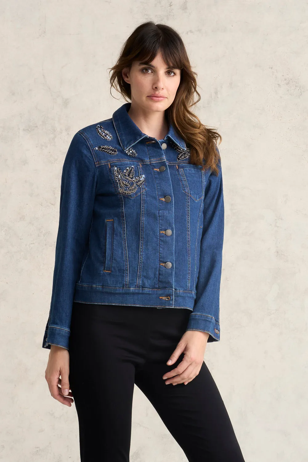 Embellished Denim Jacket - Mid Wash Denim Fleece Lined Warm Layer Option