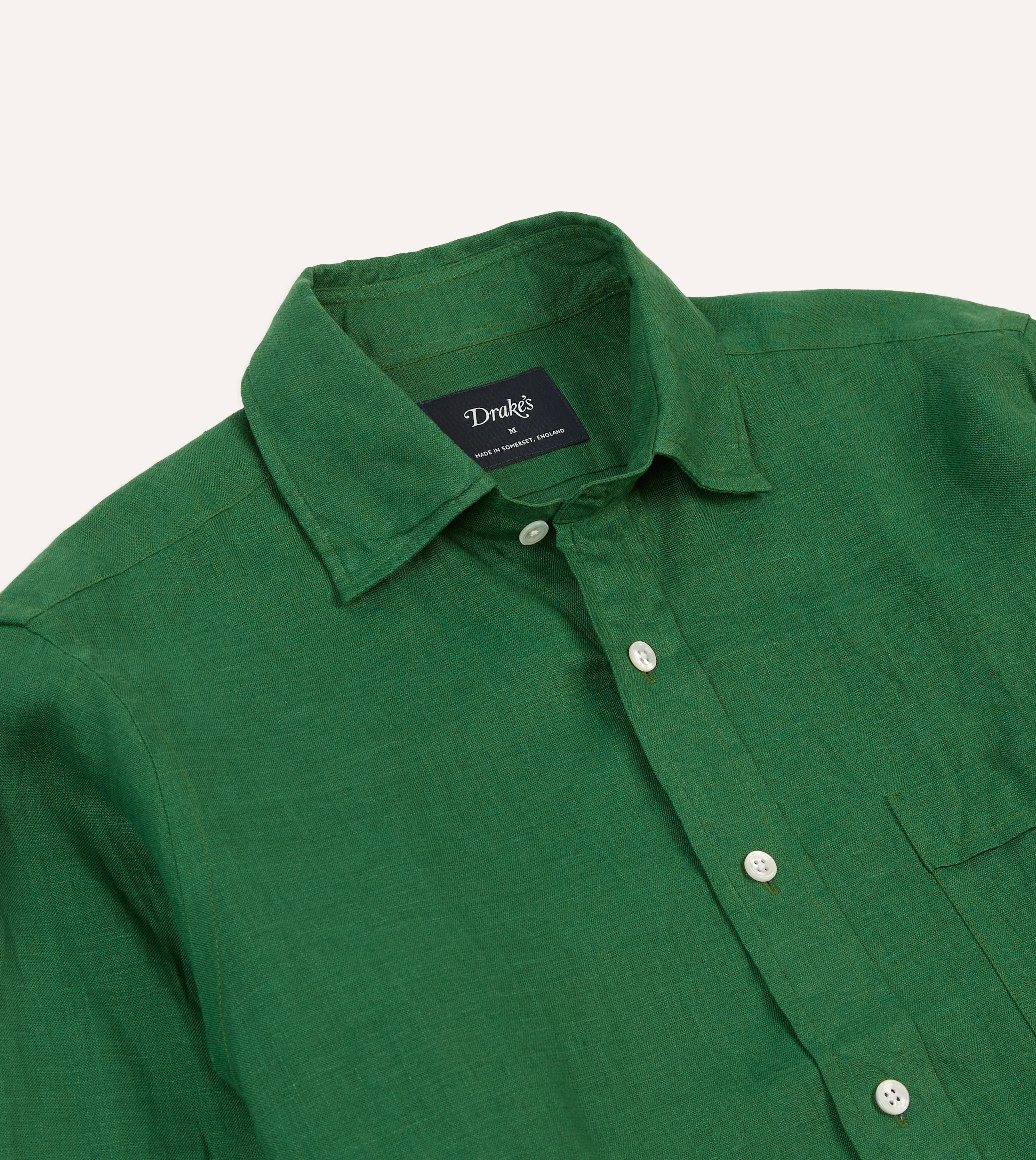 Forest Green Linen Spread Collar Shirt Minimalist Aesthetic Flexible Shoulder Construction