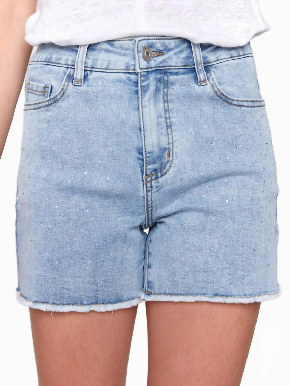 Sports use Layered Hem Detail Embellished Stretch Denim Shorts In Light Blue