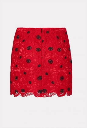 Embroidered Lace Modern Mini Skirt In Red/black Flat Lay Collar Tea length