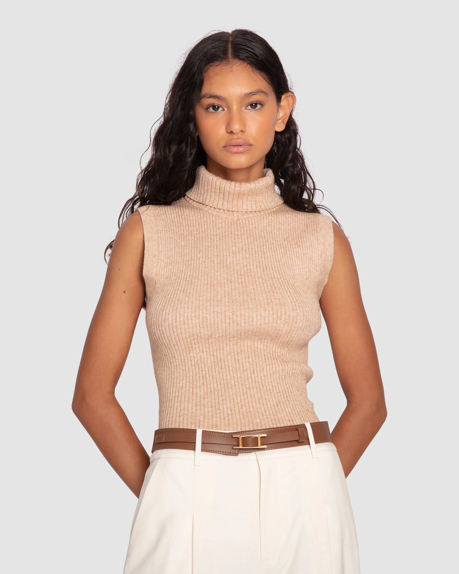 Tactile Grid Knit Comfy Knit Equation Sleeveless Turtle Neck Knit