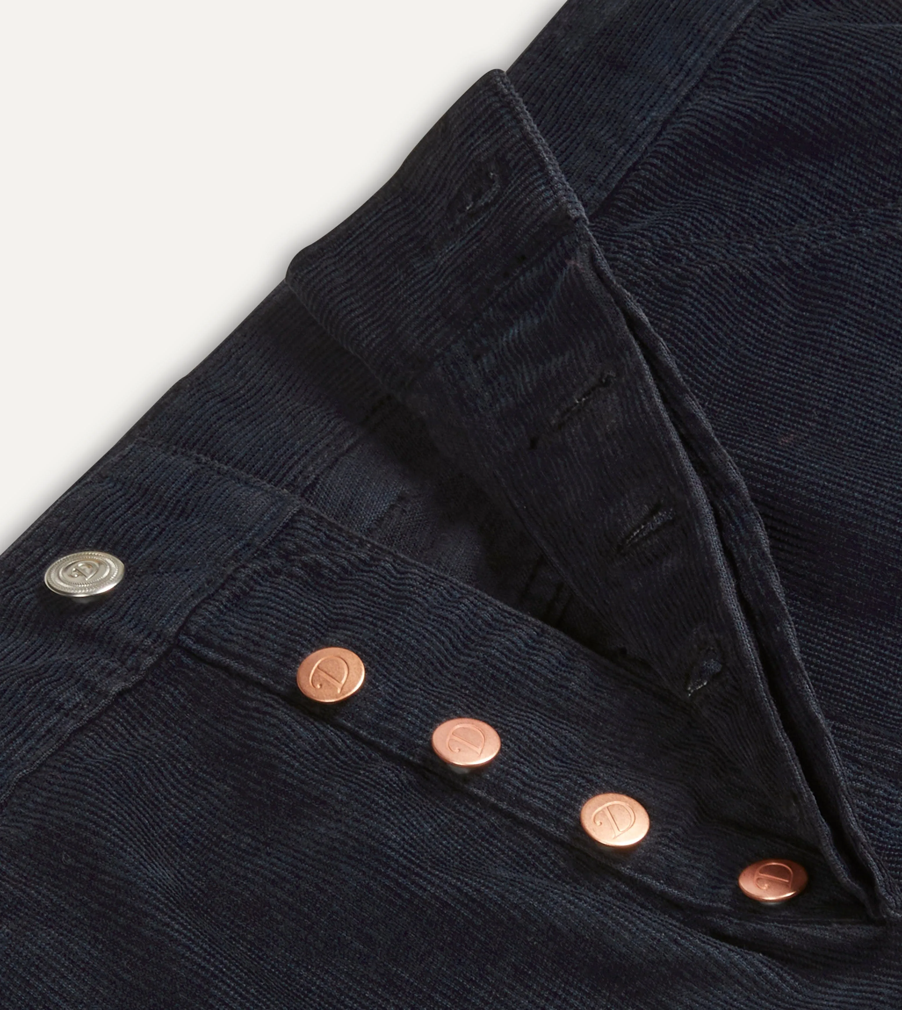 Navy Japanese Selvedge Needlecord Five-Pocket Trousers QuickReleaseFastenings