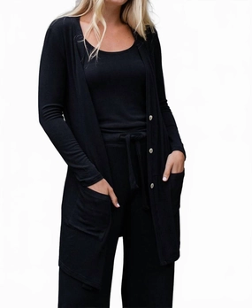 Leslie Long Sleeve Oversize Bamboo Cardigan In Black Soft Warm Layers Moisture Wicking Knit