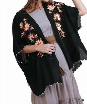 Floral Embroided Scallop Hem Kimono In Black Winter Day Comfort