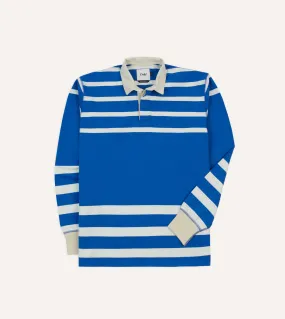 Blue and White Dual Stripe Cotton Rugby Shirt high-low hem