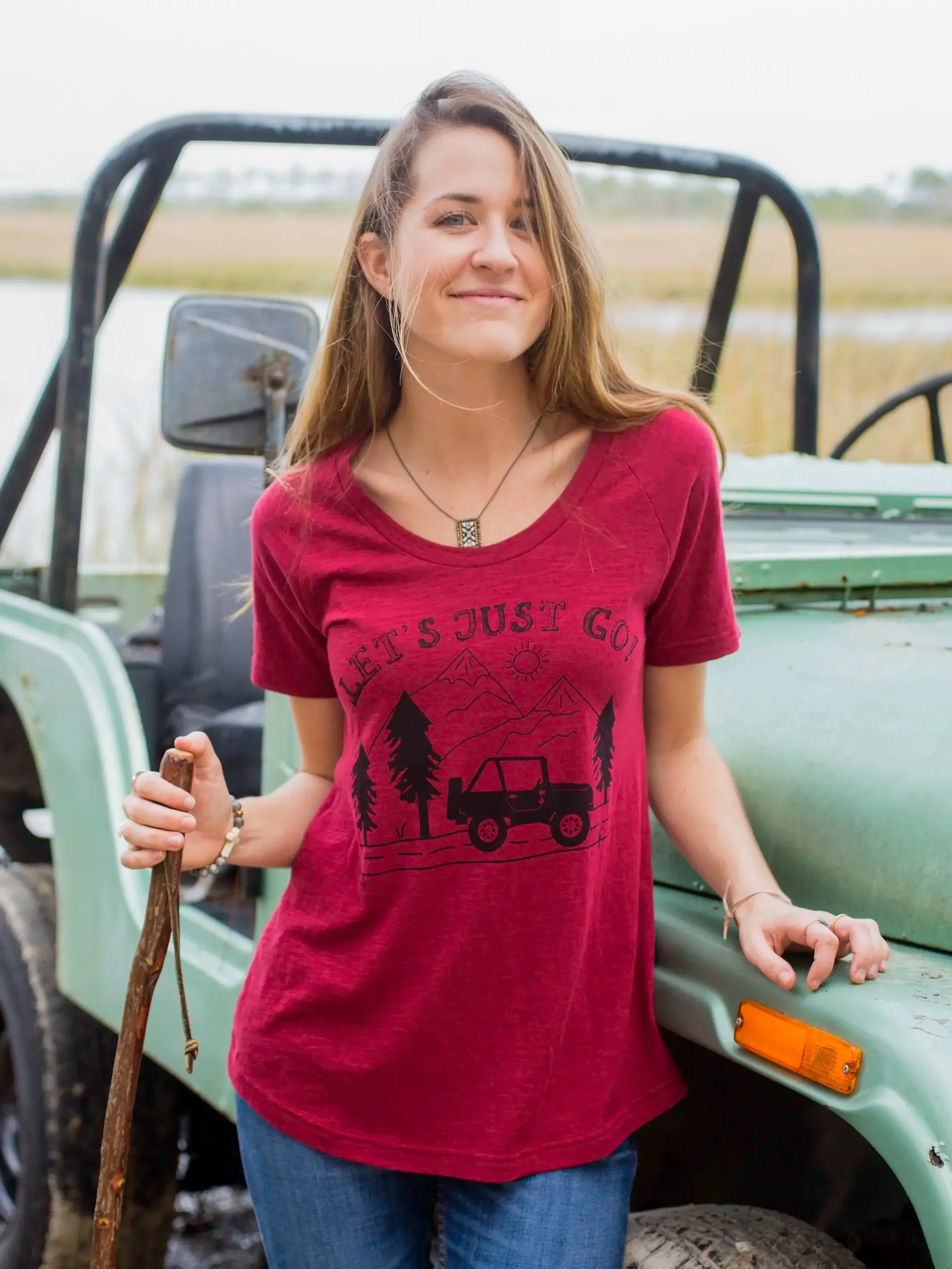 waterproof Eco Conscious Production Boho Cotton Tee Shirt - Let's Just Go Cranberry