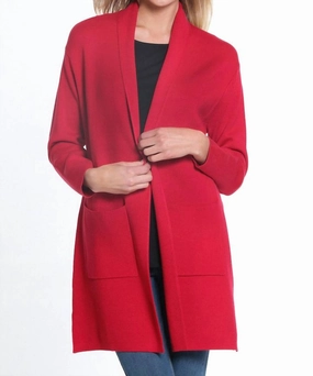 3/4 Sleeve Drop Shoulder Shawl Collar Open Front Cardigan In Vivid Red Fashion Knit