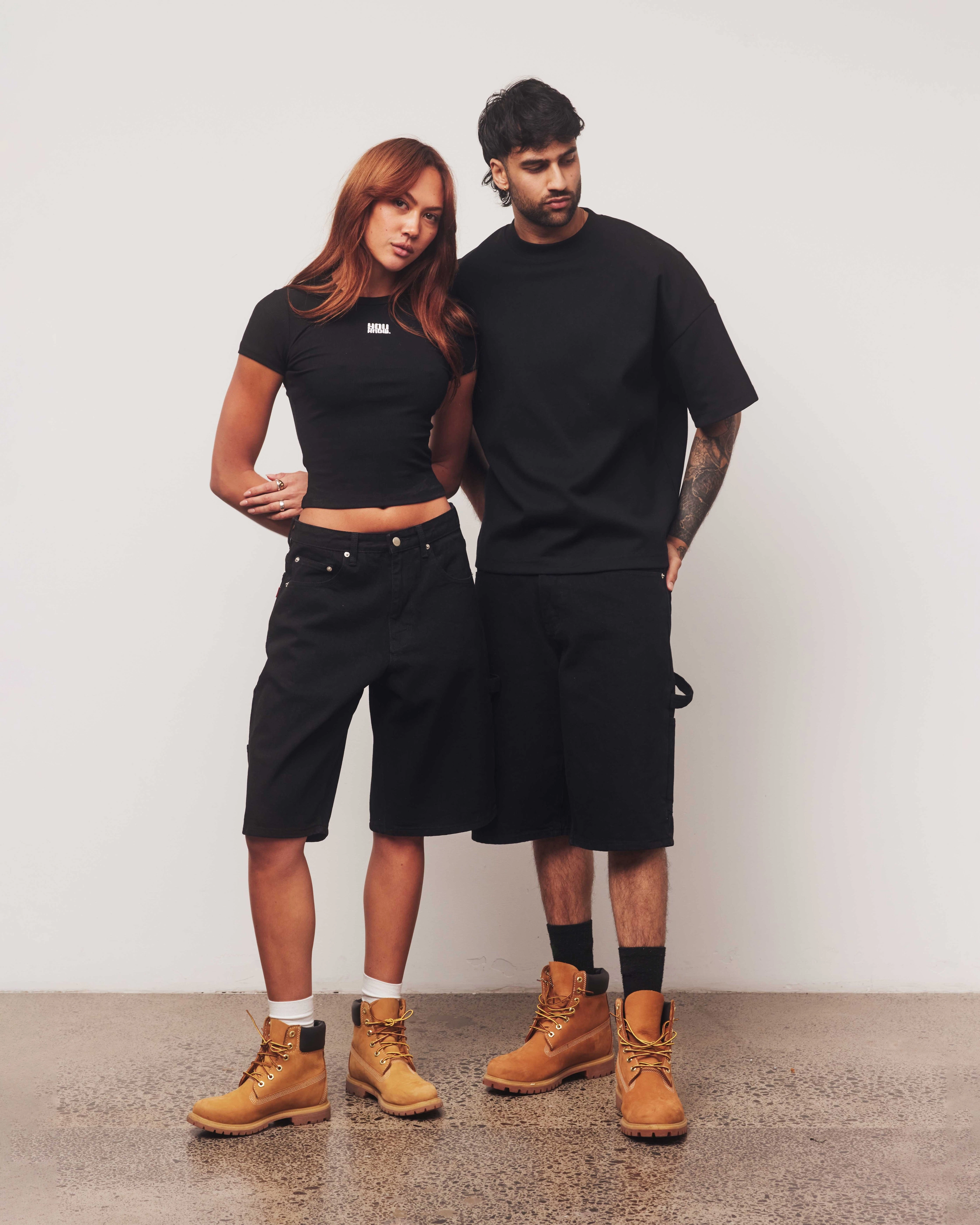 Denim Jorts | Black AdjustableDrawstring Double Layered Knees