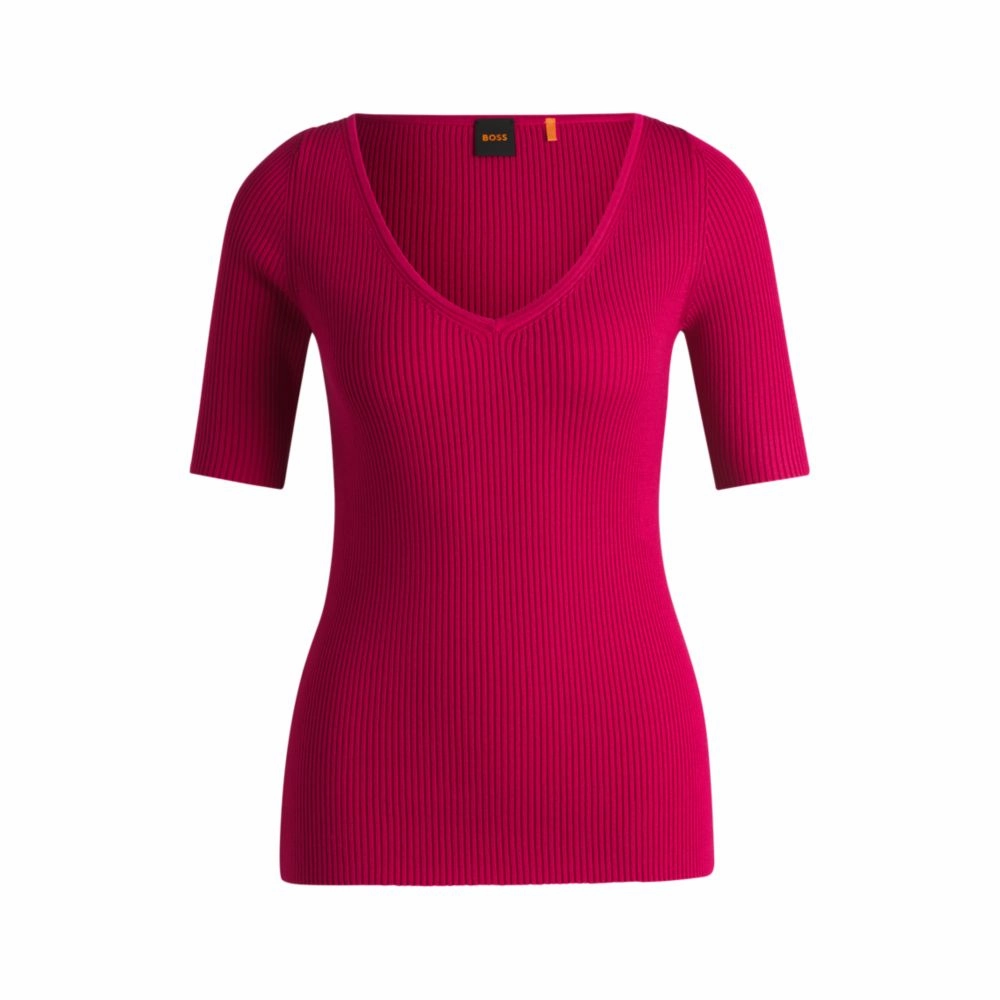 Knitted sweater with V neckline in slim fit Reinforced Shoulder Design