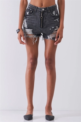 Bohemian style Ripped High-waist Front Zip-up Raw Hem Detail Distressed Mini Shorts