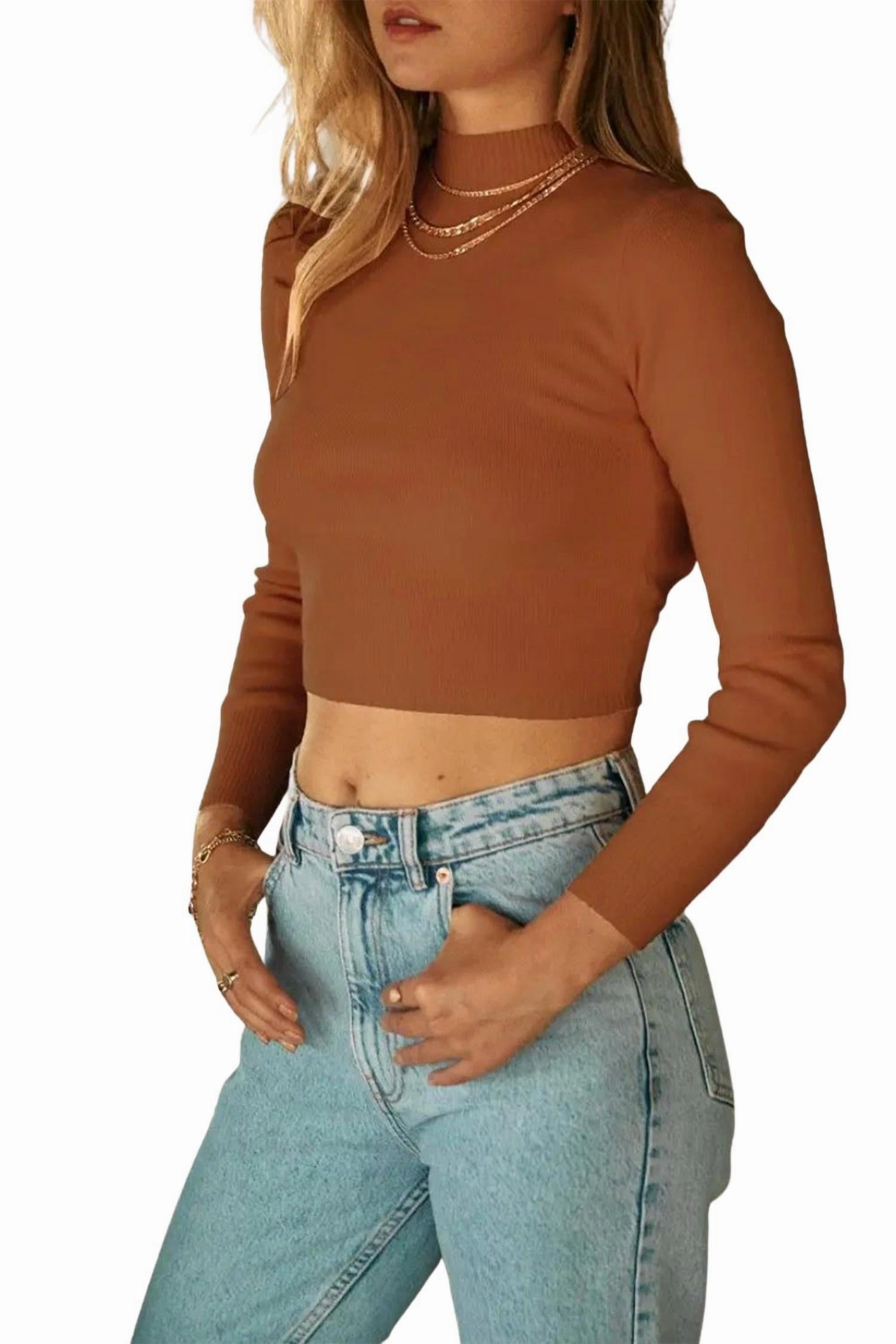 Comfy Knitwear Look Cropped Open-Back Mock Neck Sweater In Amber Brown