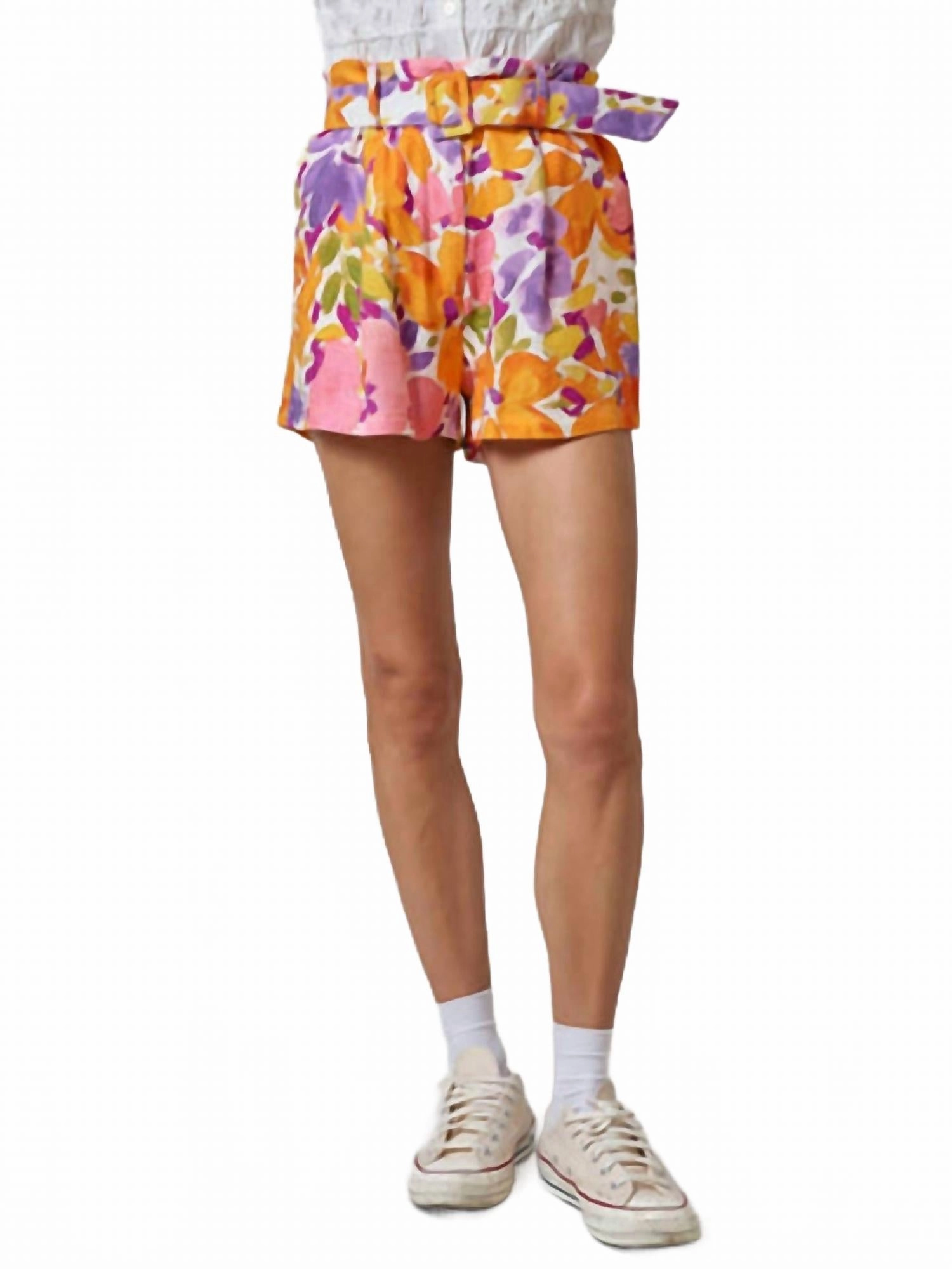 Camping Gear City Shorts Alyssa Floral Print Belted Shorts In Orange Multi