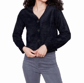 Eyelash Yarn Sweater In Black Casual Fit Anti Snag Fabric